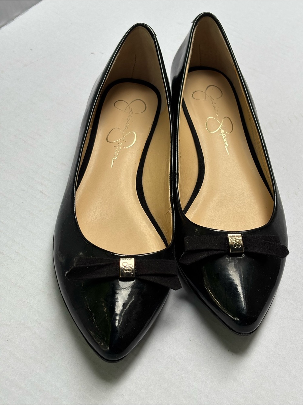 Jessica Simpson Black Patent Pointed-Toe Bow Flats Size 7.5 Women Classic